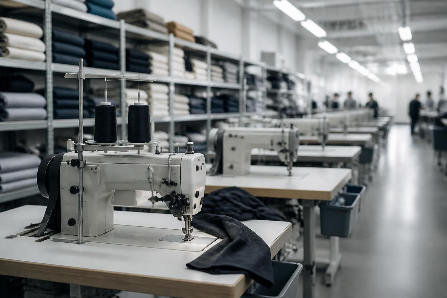 Modern apparel manufacturing floor with rows of industrial sewing machines and bolts of fabric