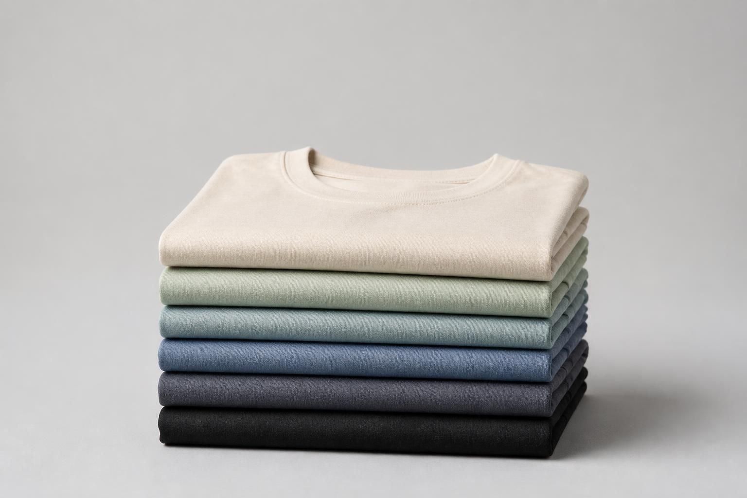 Stack of folded blank cotton t-shirts in a gradient of colors — cream, sage, dusty blue, charcoal and black