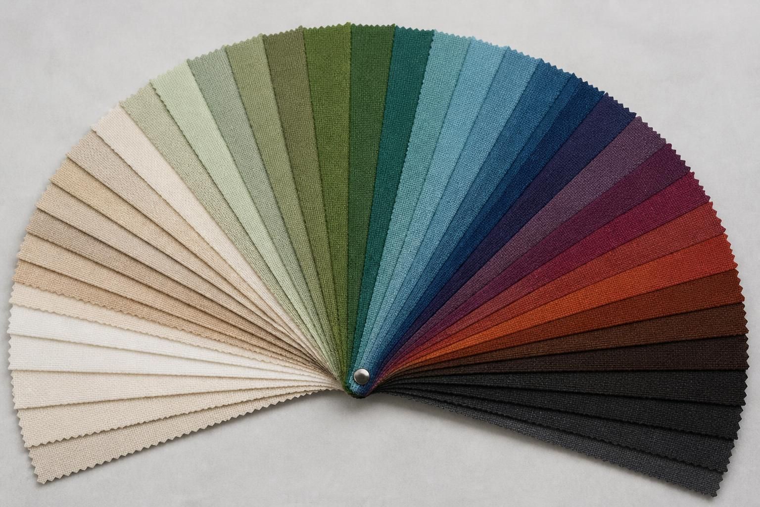 Fanned textile swatch book showing dozens of colored cotton fabric samples
